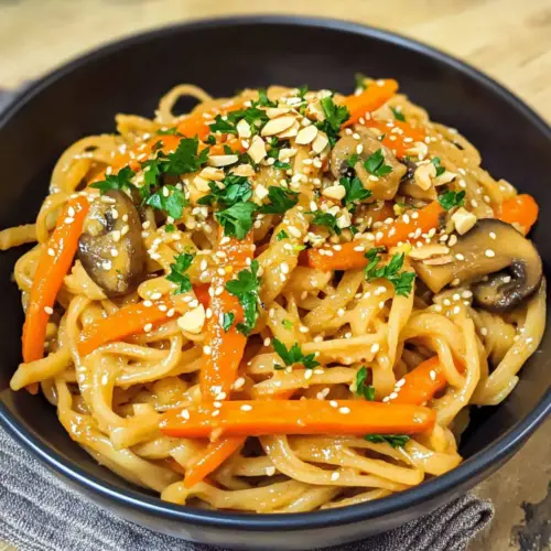 Noodles with carrots, mushrooms, and miso-almond paste sauce